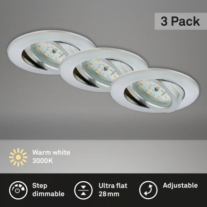 Briloner 7296-039 - Комплект із 3 затемнюваних вбудованих LED-світильників для ванної кімнати 1xLED/6,5W/230V 3000K IP23 матовий хром