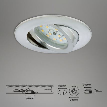 Briloner 7296-039 - набор из 3 диммируемых встраиваемых светодиодных светильников для ванной, LED/6,5 Вт/230 В, 3000 К (тёплый белый), IP23, матовый хром