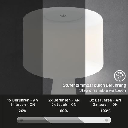 Briloner 7420016 - LED Акумуляторна сенсорна вулична настільна лампа з регулюванням яскравості LED/4W/5V IP44 3000K білий
