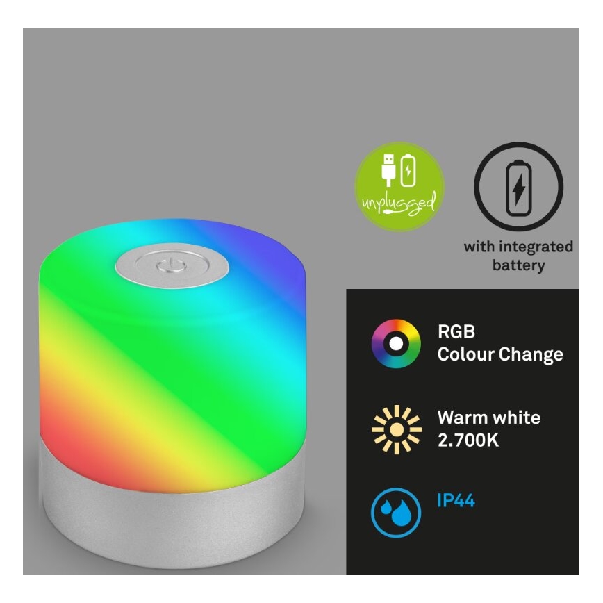 Briloner 7462014 - LED RGB Акумуляторна вулична настільна лампа LED/1,5W/5V IP44 матовий хром