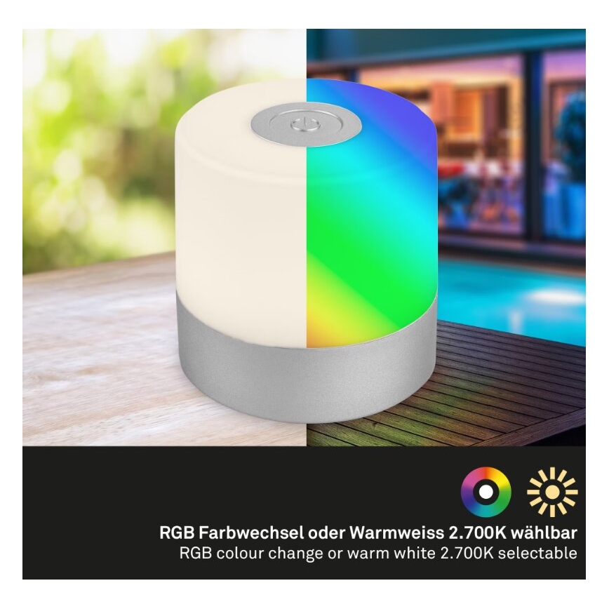 Briloner 7462014 - LED RGB Акумуляторна вулична настільна лампа LED/1,5W/5V IP44 матовий хром