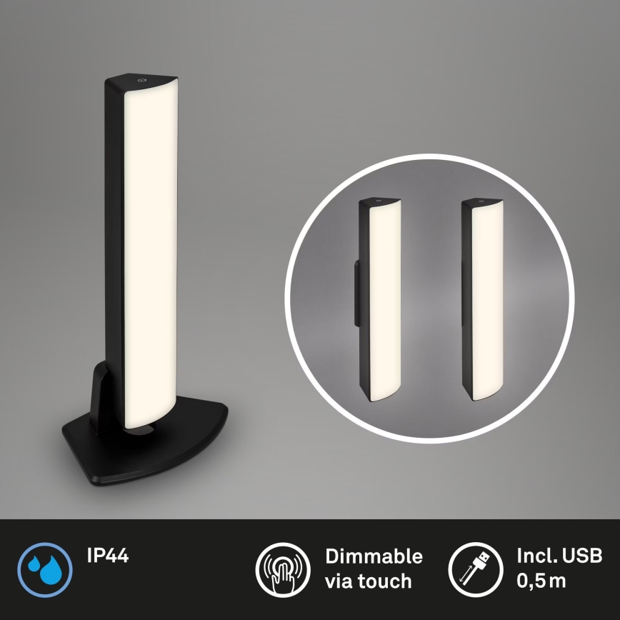 Briloner 7474-015 - LED Сенсорна акумуляторна вулична настільна лампа з регулюванням яскравості 2в1 LED/7W/5V 2x2200 mAh USB 3000K IP44 чорний