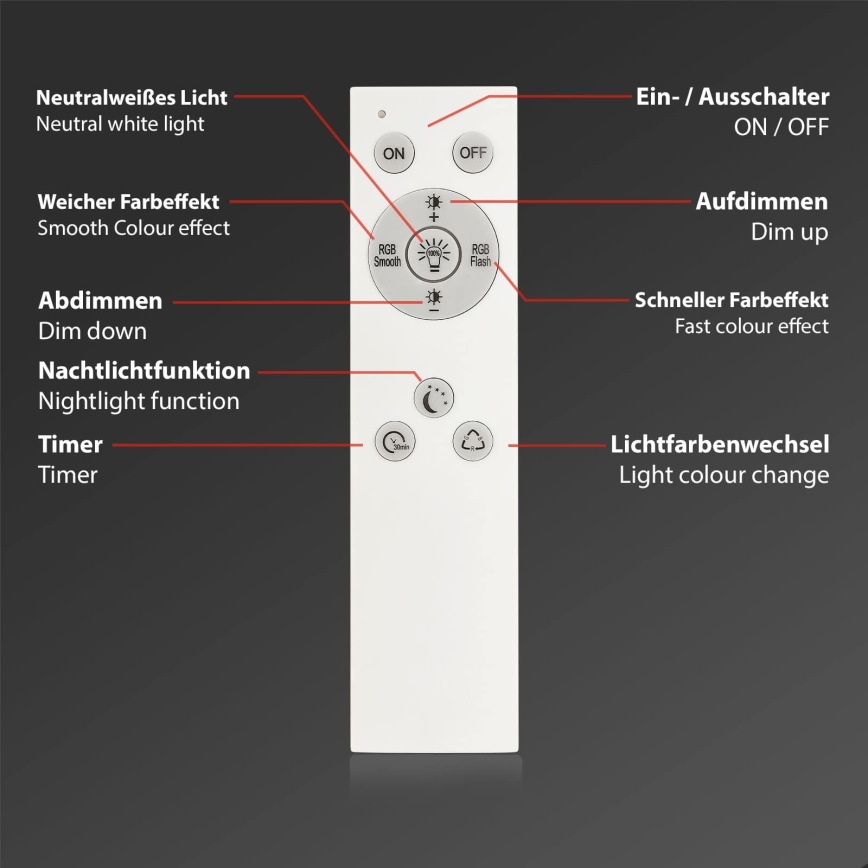 Briloner 7494016 - LED RGBW, стельовий світильник з регулюванням яскравості SMART, 22 Вт/230 В, 4000 К, діам. 42 см, Wi-Fi Tuya + пульт дистанційного керування