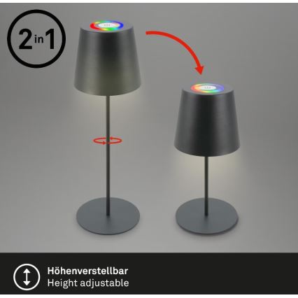 Briloner 7507015 - світлодіодна RGB з регулюванням яскравості перезаряджувана зовнішня настільна лампа 2 в 1 LED/2,5W/5V IP44 1200 mAh антрацит