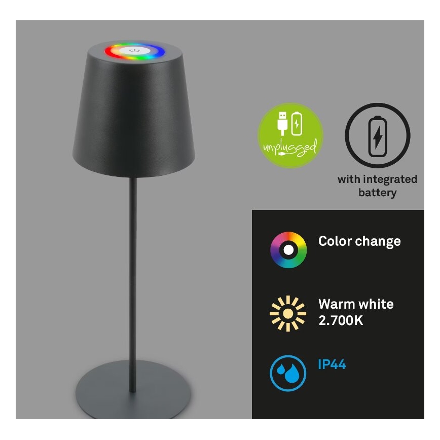 Briloner 7507015 - LED RGB Акумуляторна вулична настільна лампа з регулюванням яскравості 2в1 LED/2,5W/5V IP44 антрацит