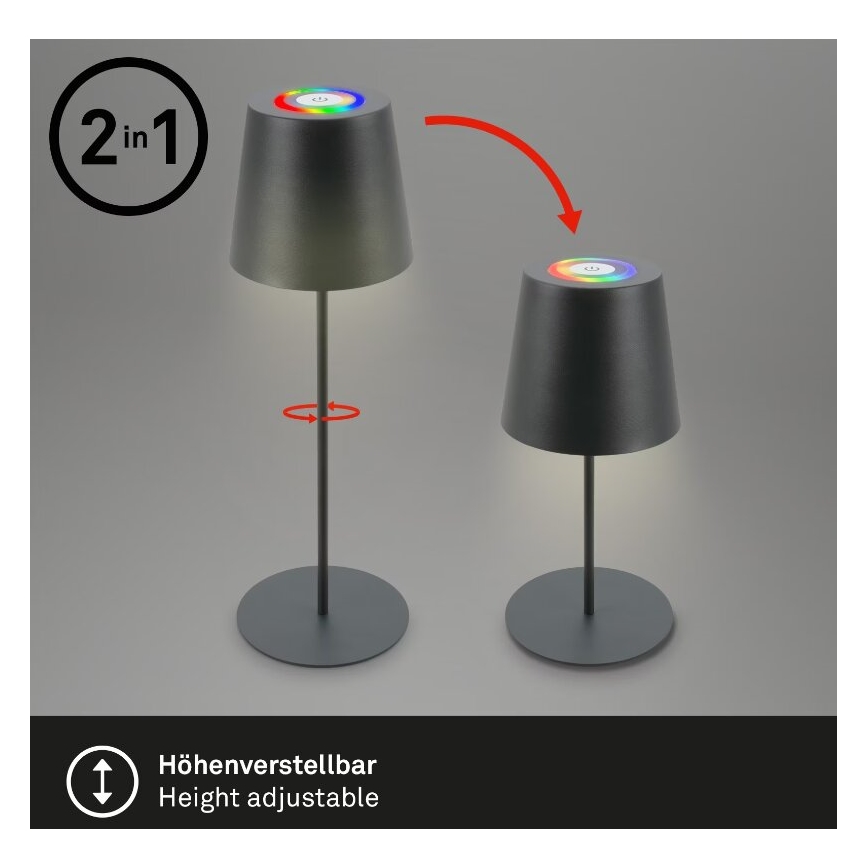 Briloner 7507015 - LED RGB Акумуляторна вулична настільна лампа з регулюванням яскравості 2в1 LED/2,5W/5V IP44 антрацит