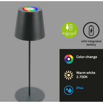 Briloner 7507015 - RGB LED диммируемая перезаряжаемая уличная настольная лампа 2 в 1 LED/2,5W/5V IP44 1200 mAh антрацит