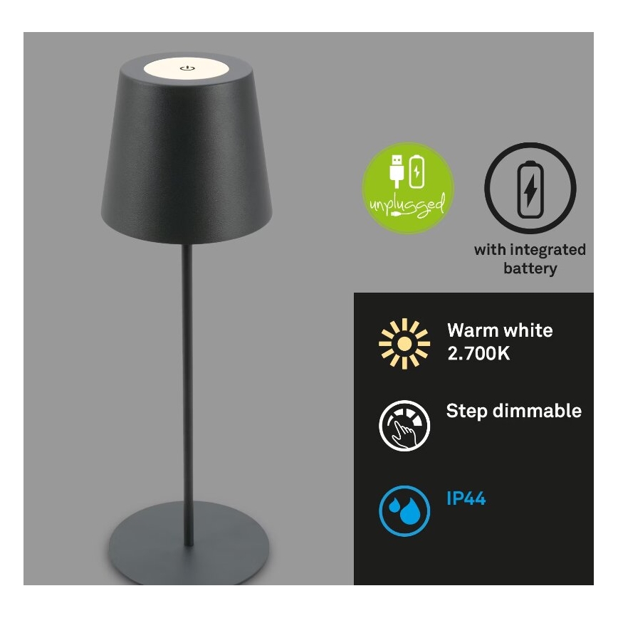 Briloner 7508015 - LED Акумуляторна вулична настільна лампа з регулюванням яскравості 2в1 LED/2,5W/5V IP44 чорний