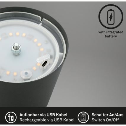 Briloner 7508015 - LED Акумуляторна вулична настільна лампа з регулюванням яскравості 2в1 LED/2,5W/5V IP44 чорний