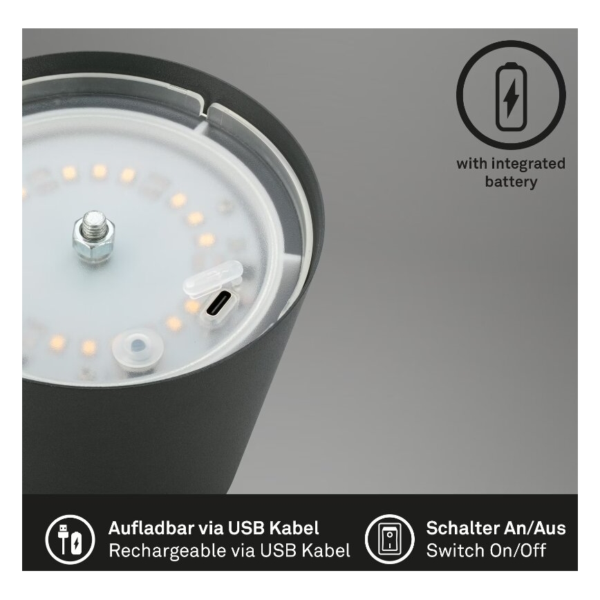 Briloner 7508015 - LED Акумуляторна вулична настільна лампа з регулюванням яскравості 2в1 LED/2,5W/5V IP44 чорний