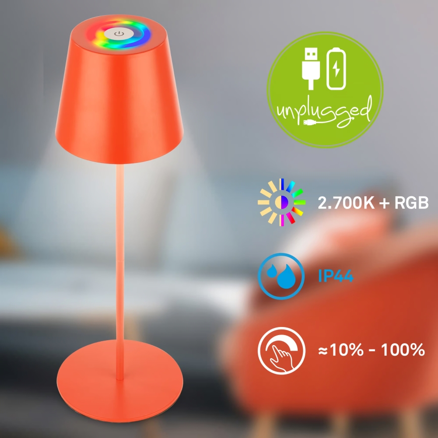 Briloner 7510012 - LED RGBW зовнішня перезаряджувана настільна лампа CALIDA з регульованою яскравістю LED/2,5W/5V IP44 1200 mAh помаранчева