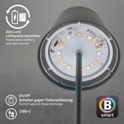 Briloner 7559015 - диммируемая RGB LED аккумуляторная уличная настольная лампа COLORIS LED/3,5W/5V IP44 2000 mAh антрацит Wi-Fi Tuya