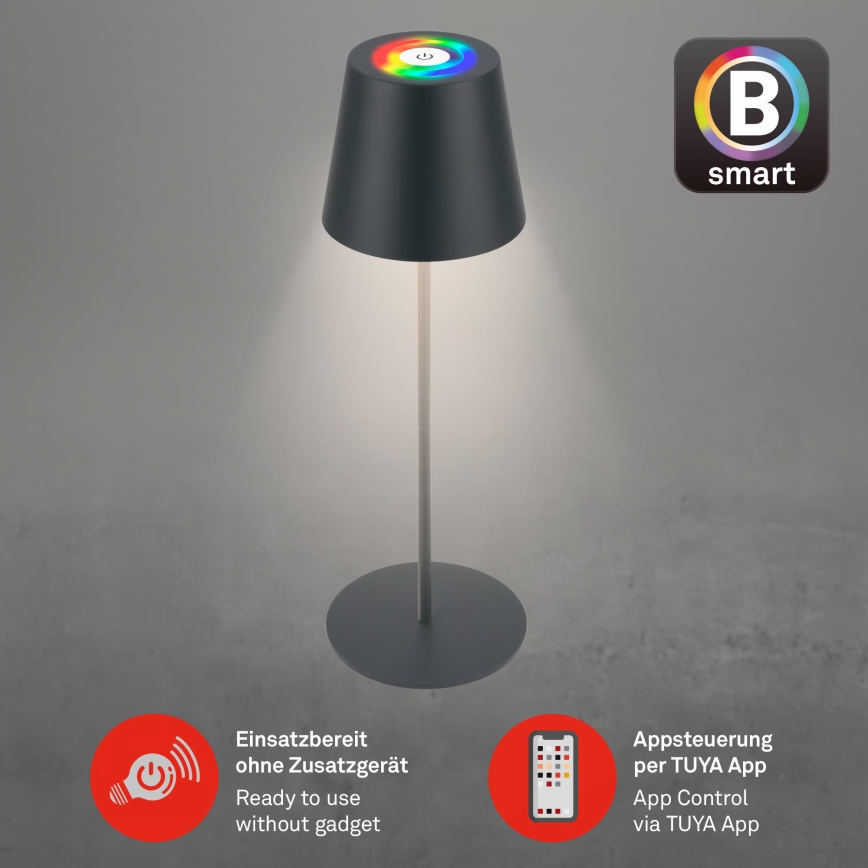 Briloner 7559015 - LED RGB, з регулюванням яскравості (димуванням), перезаряджувана зовнішня настільна лампа COLORIS LED/3,5W/5V IP44 2000 mAh антрацит Wi-Fi Tuya