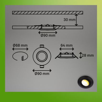 Briloner 7587035 - Набір із 3 вбудованих стельових світильників LED KLIRA для ванної зі змінною яскравістю, 1xLED/4,9W/230V, 2500/3000/4000K, IP23, чорний