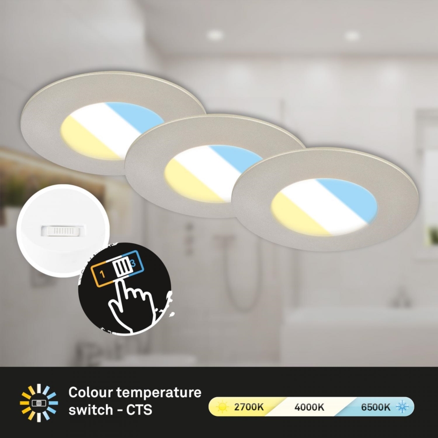 Briloner 7598032 - НАБІР 3x Вбудований стельовий LED світильник для ванної LED/4,9W/230V IP44 2700/4000/6500K матовий хром