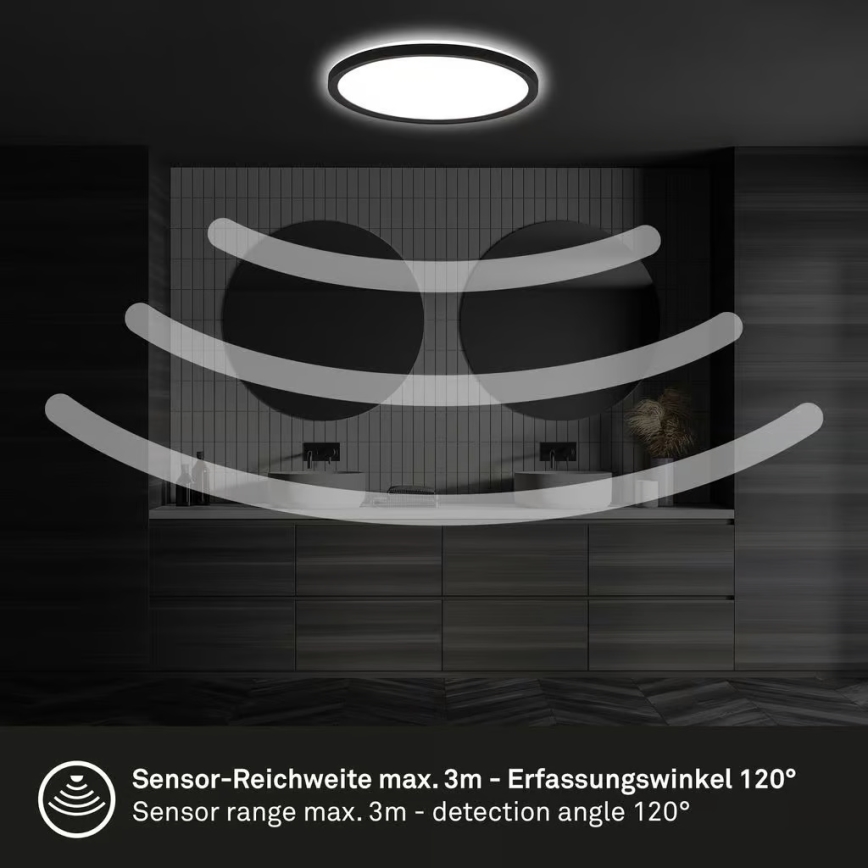 Briloner - LED стельовий світильник для ванної кімнати з датчиком руху MOVE LED/18 Вт/230 В IP44 діам. 29 см чорний