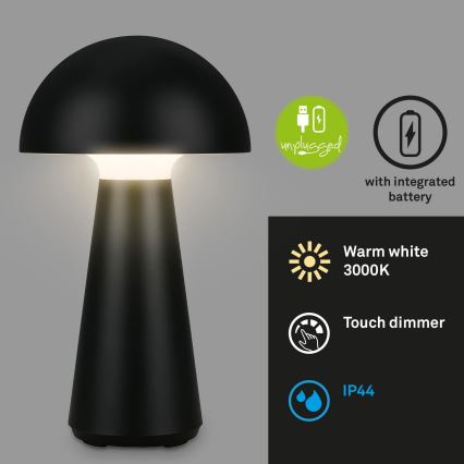 Briloner - LED затемнювана сенсорна акумуляторна зовнішня настільна лампа LED/2,6W/5V 3000K IP44 2000 mAh чорна