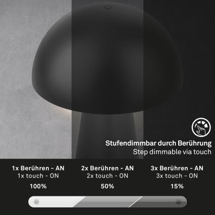 Briloner - LED затемнювана сенсорна акумуляторна зовнішня настільна лампа LED/2,6W/5V 3000K IP44 2000 mAh чорна