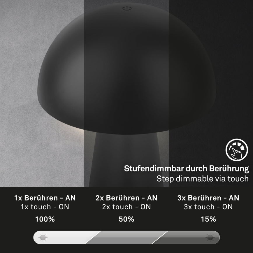 Briloner - LED затемнювана сенсорна акумуляторна зовнішня настільна лампа LED/2,6W/5V 3000K IP44 2000 mAh чорна