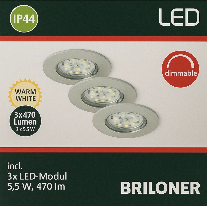 Briloner - НАБІР 3x LED Регульоване вбудоване світильник для ванної LED/5,5W/230V IP44