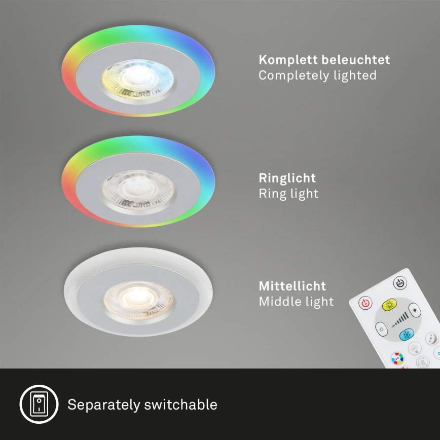 Briloner - НАБІР 3x LED RGBW Вбудований стельовий світильник для ванної з регулюванням яскравості LED/5W/230V 3000-6500K IP44 + пульт дистанційного керування
