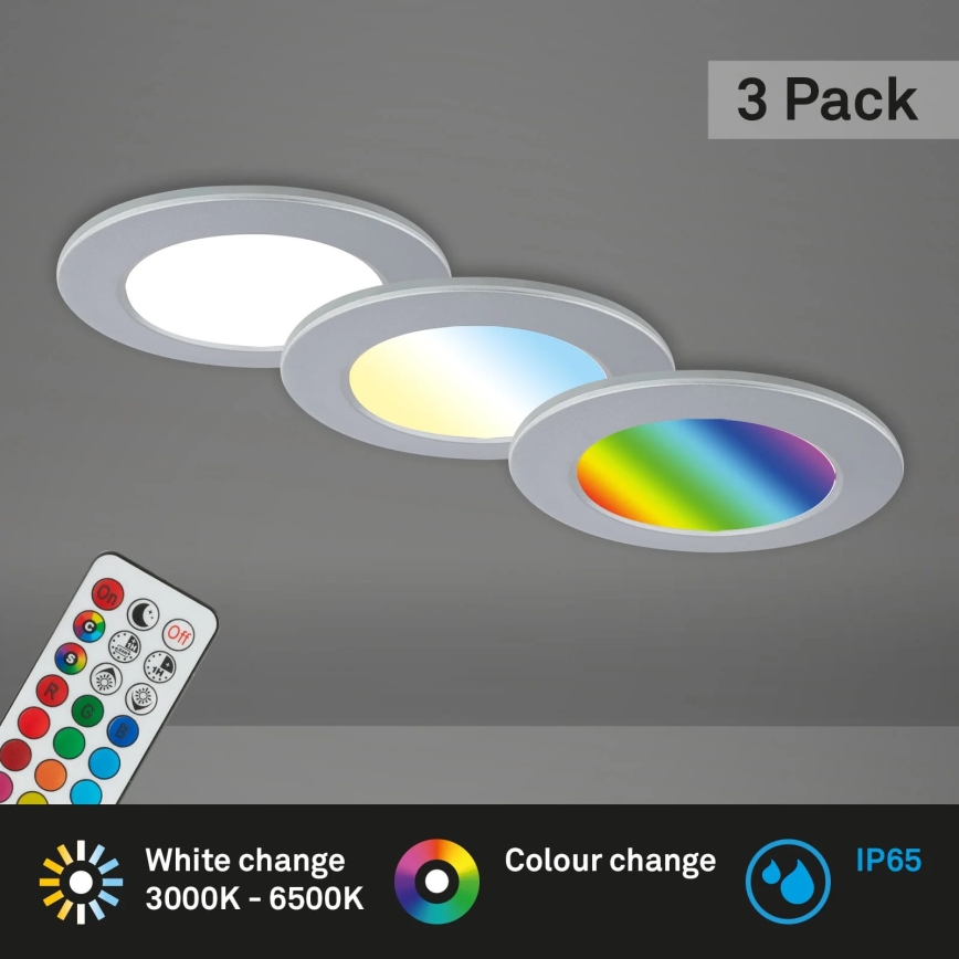 Briloner - НАБІР 3x LED RGBW Вбудований стельовий світильник для ванної з регулюванням яскравості LED/4,8W/230V 3000-6500K IP65 + пульт дистанційного керування
