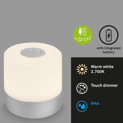 Briloner - LED перезаряджувана сенсорна зовнішня настільна лампа з регулюванням яскравості, LED/2W/5V, 2700K, IP44, 1200 mAh, матовий хром