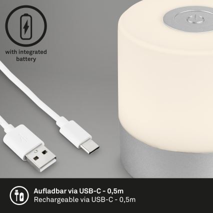 Briloner - LED перезаряджувана сенсорна зовнішня настільна лампа з регулюванням яскравості, LED/2W/5V, 2700K, IP44, 1200 mAh, матовий хром