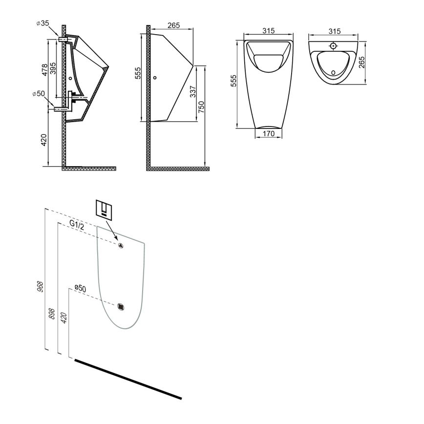Bruckner - Пісуар SCHWARN задній впуск, задній випуск кераміка/матовий чорний
