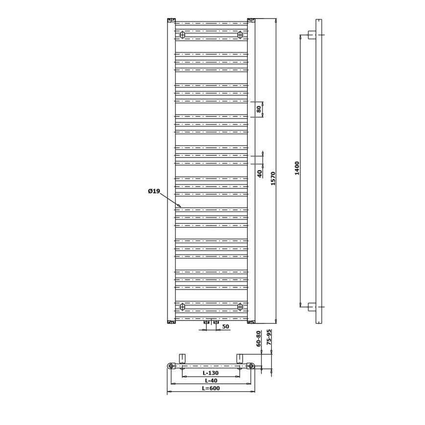 Bruckner - Радиатор для ванной комнаты ALBRECHT 765W/230V 60x157 см матовый черный