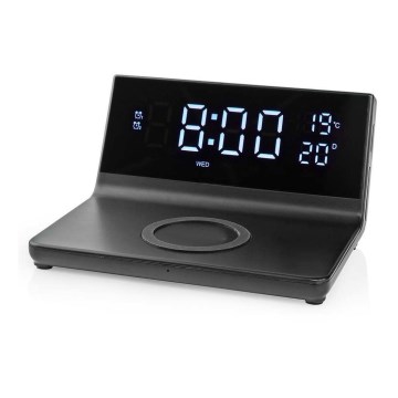 Будильник з LCD-дисплеєм та бездротовою зарядкою 15W/5V + 1xCR2032 чорний