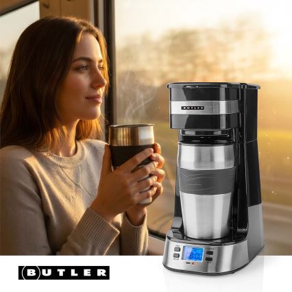 Butler - Кофеварка на одну чашку 0,4 л с таймером и дорожной кружкой 750 Вт/230 В нержавеющая сталь/чёрный
