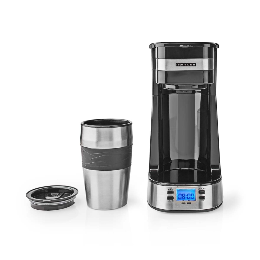 Butler - Кофеварка на одну чашку 0,4 л с таймером и дорожной кружкой 750 Вт/230 В нержавеющая сталь/чёрный