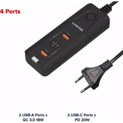 Canyon - Зарядное устройство 2xUSB A + 2xUSB C Power Delivery 20W