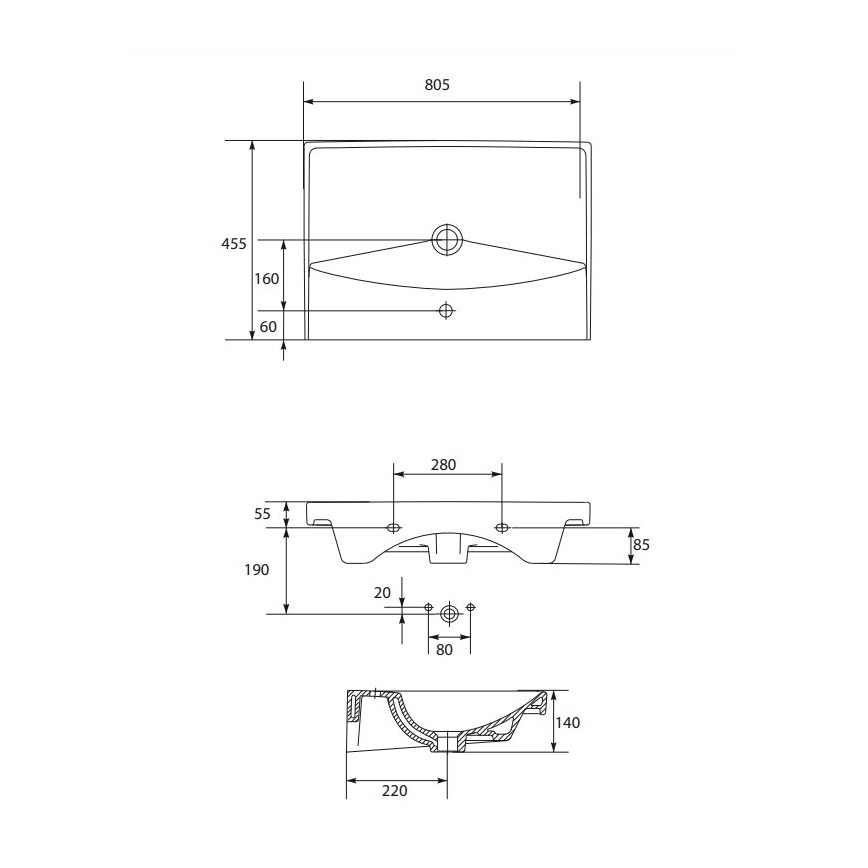 Cersanit K35-061 - Встраиваемая раковина CITY 45,5x80,5 см керамика/глянцевая белая