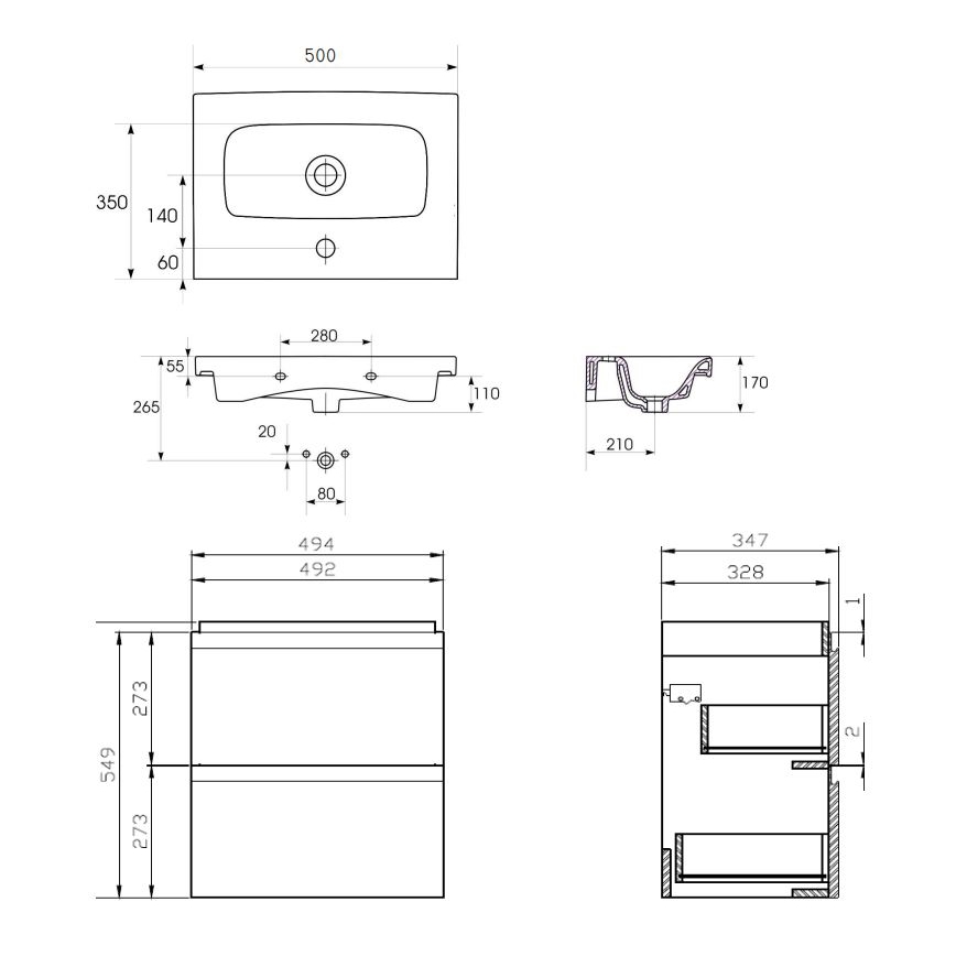 Cersanit S801-229-DSM - Навесной шкаф для ванной с раковиной MODUO SLIM 50x62x35 см глянцевый белый