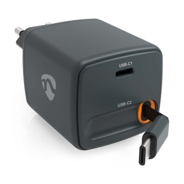 Черное зарядное устройство с втягивающимся кабелем, Power Delivery 30 Вт, 2× USB-C