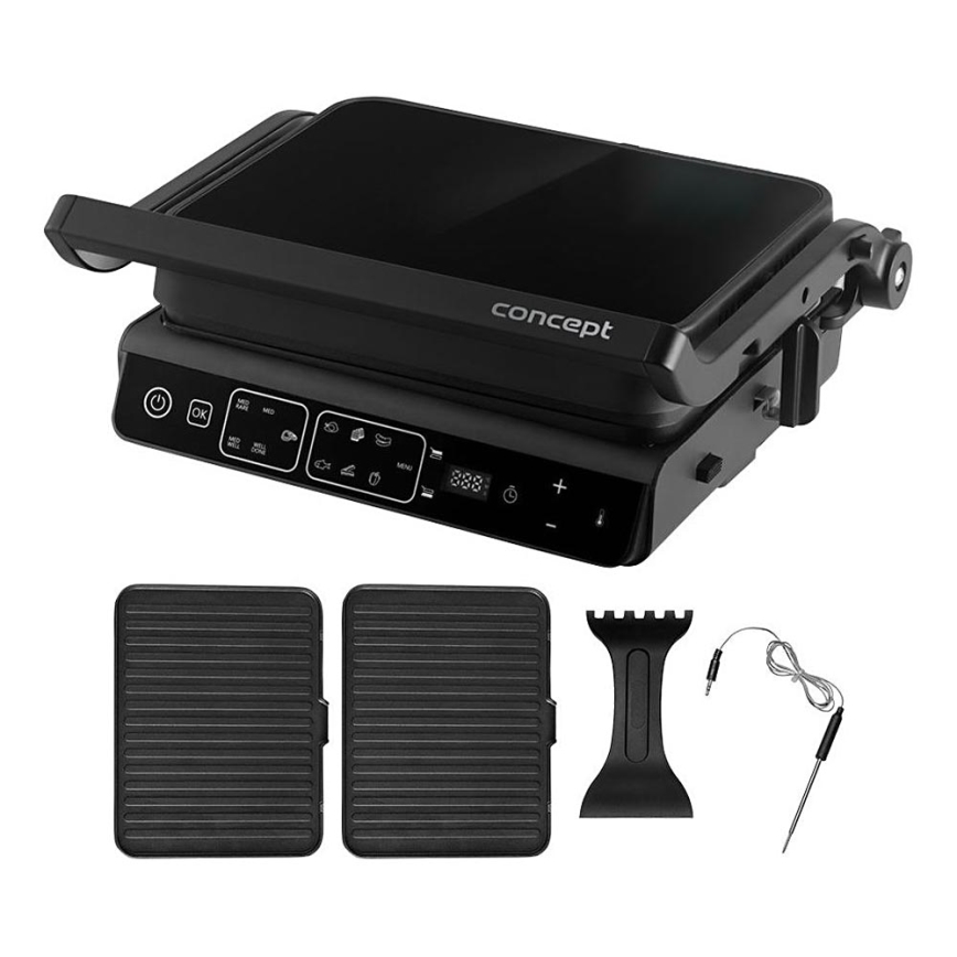 Concept ge3600 - Контактный гриль с температурным зондом GLASS 2000W/230V черный
