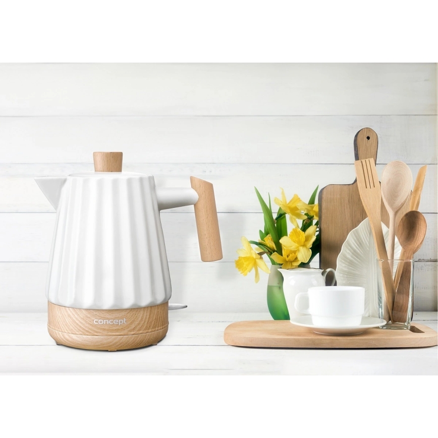 Concept RK0090 - Электрический чайник 1,5 л 1500 Вт/230 В белый/декор дерева/керамика