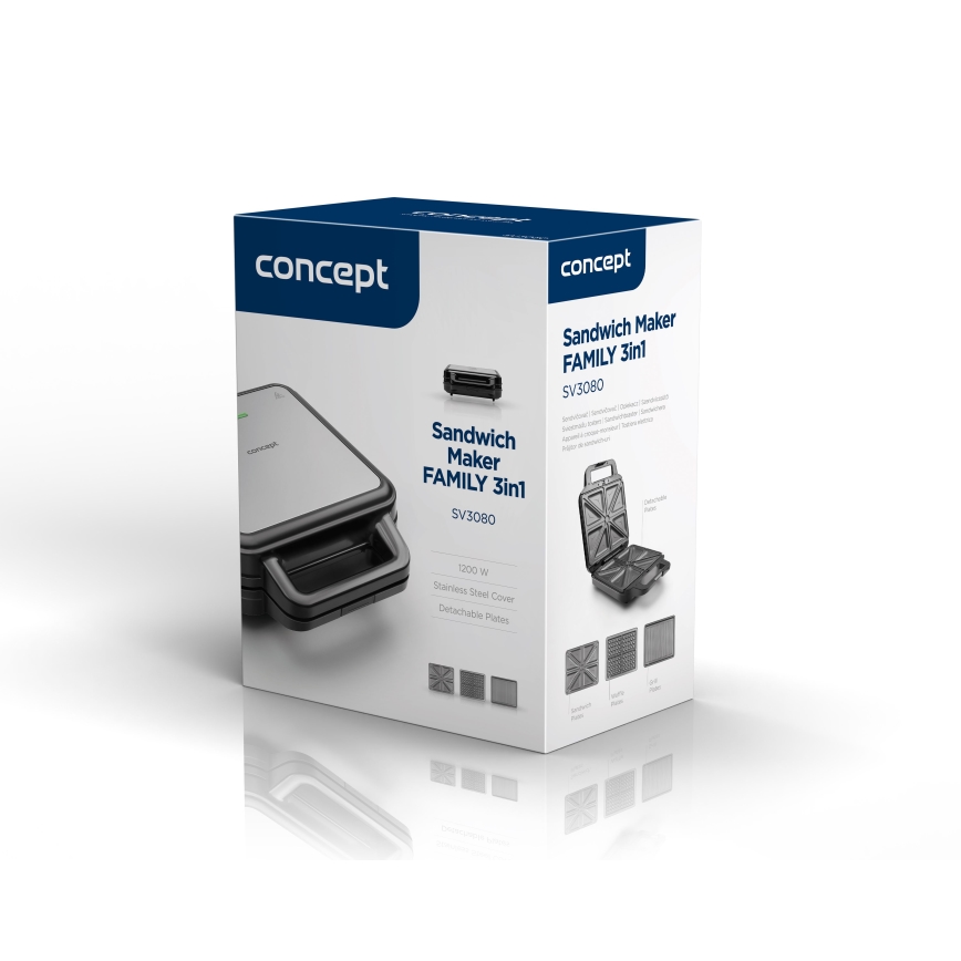 Concept SV3080 - Тостер FAMILY 3 в 1 1200 Вт/230 В чорний/нержавіюча сталь