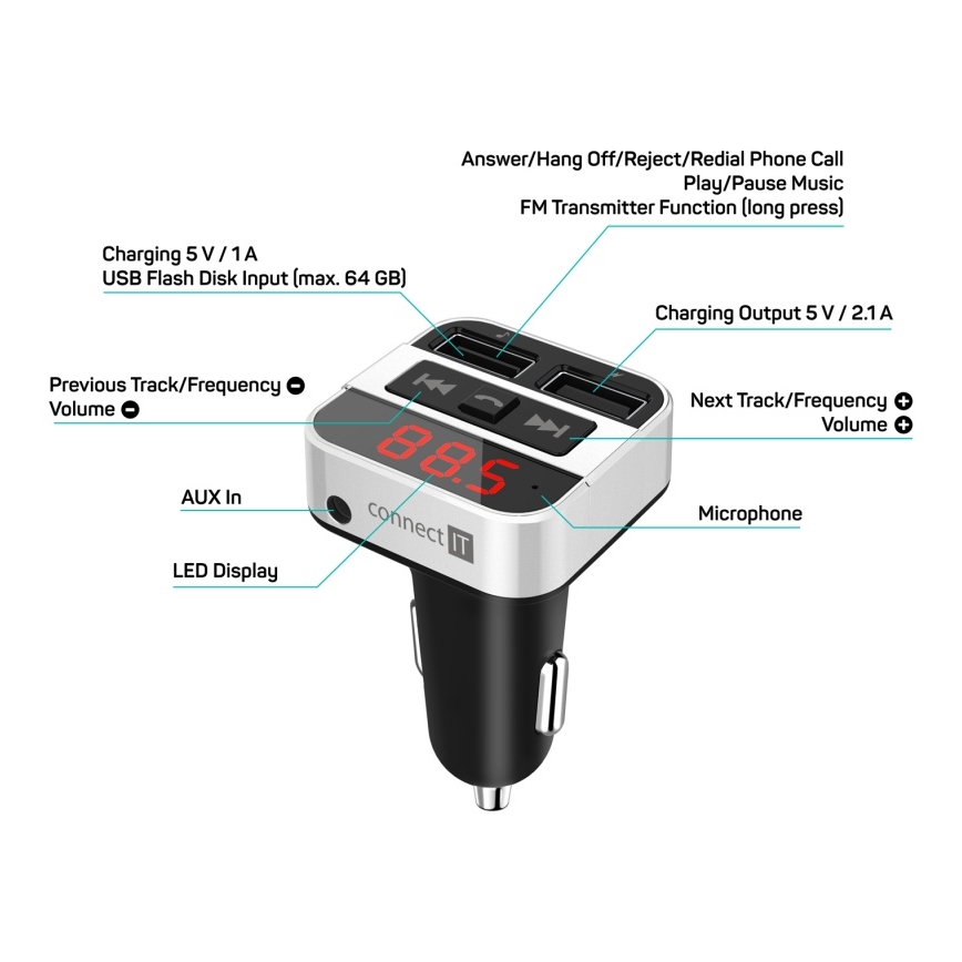 CONNECT IT CCC-8800-SL - FM трансмітер для автомобіля з функцією гучного зв’язку чорний/сріблястий