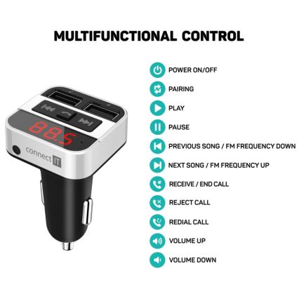 CONNECT IT CCC-8800-SL - FM трансмітер для автомобіля з функцією гучного зв’язку чорний/сріблястий