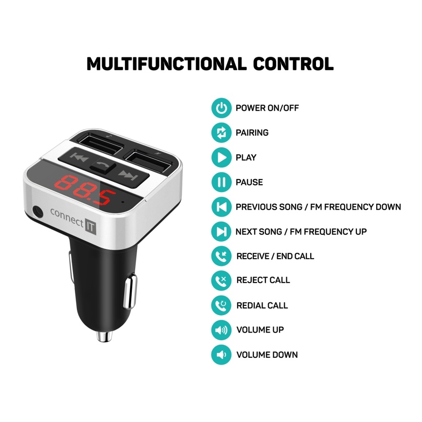 CONNECT IT CCC-8800-SL - FM трансмітер для автомобіля з функцією гучного зв’язку чорний/сріблястий