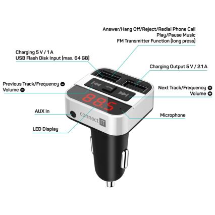 CONNECT IT CCC-8800-SL - FM-трансмиттер для автомобиля с функцией громкой связи, черный/серебристый