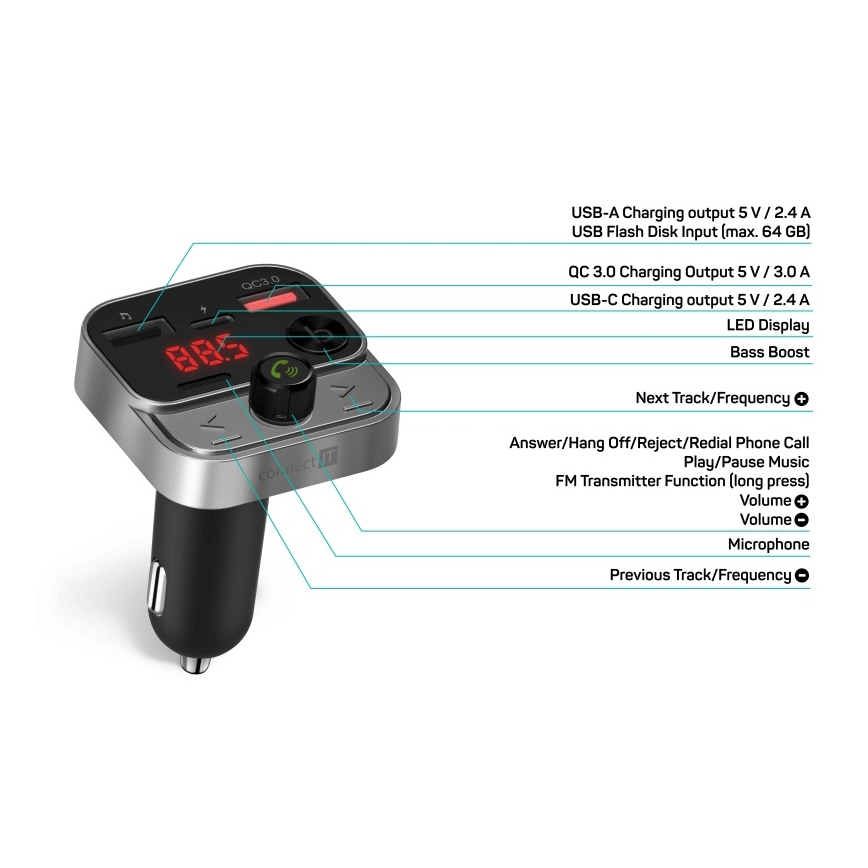 CONNECT IT CCC-8900-AN - Автомобільний FM-трансмітер з функцією handsfree чорний/срібний