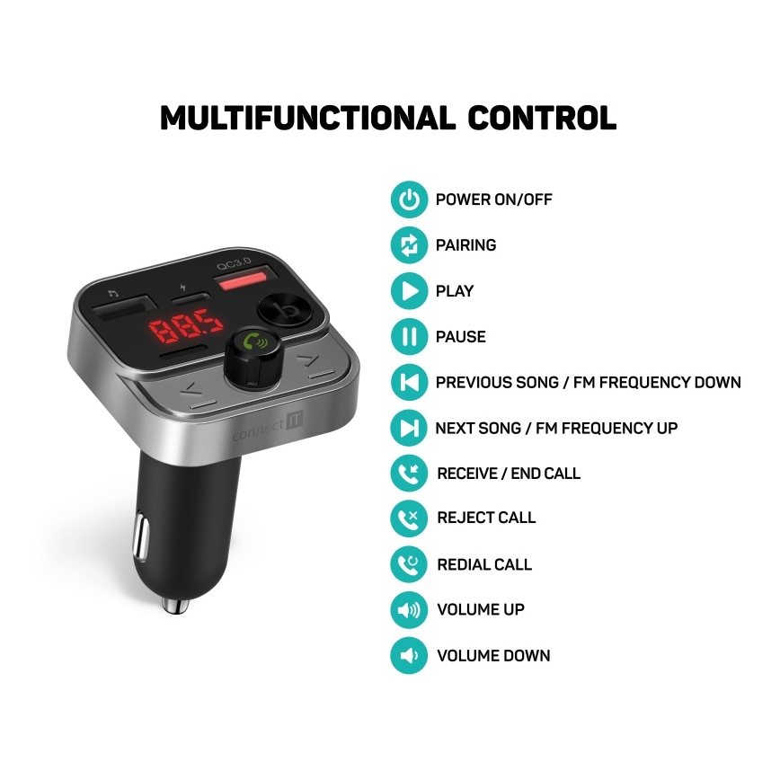 CONNECT IT CCC-8900-AN - FM трансмітер для автомобіля з функцією гучного зв’язку чорний/сріблястий