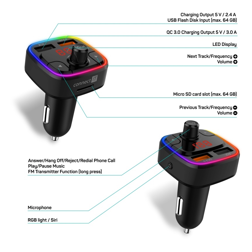 CONNECT IT CCC-9090-BK - LED RGB Автомобільний FM-трансмітер з функцією handsfree чорний