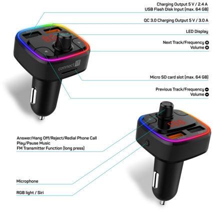 CONNECT IT CCC-9090-BK - LED RGB Автомобільний FM-трансмітер з функцією handsfree чорний
