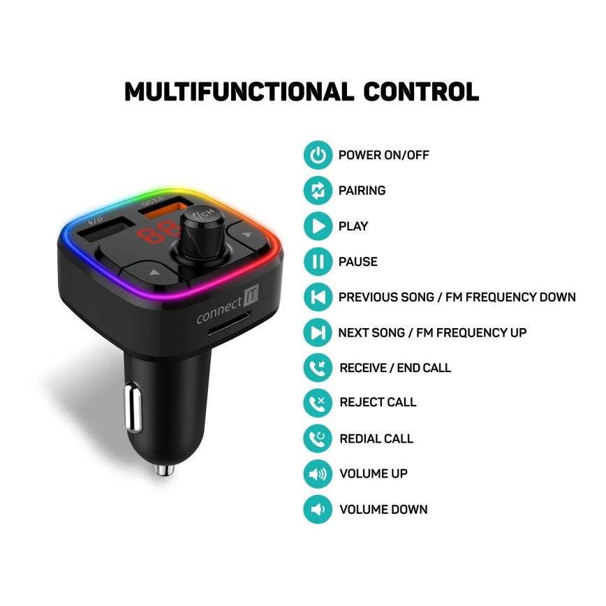 CONNECT IT CCC-9090-BK - LED RGB Автомобільний FM-трансмітер з функцією handsfree чорний