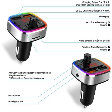 CONNECT IT CCC-9090-SL - LED RGB Автомобільний FM-трансмітер з функцією handsfree чорний/срібний